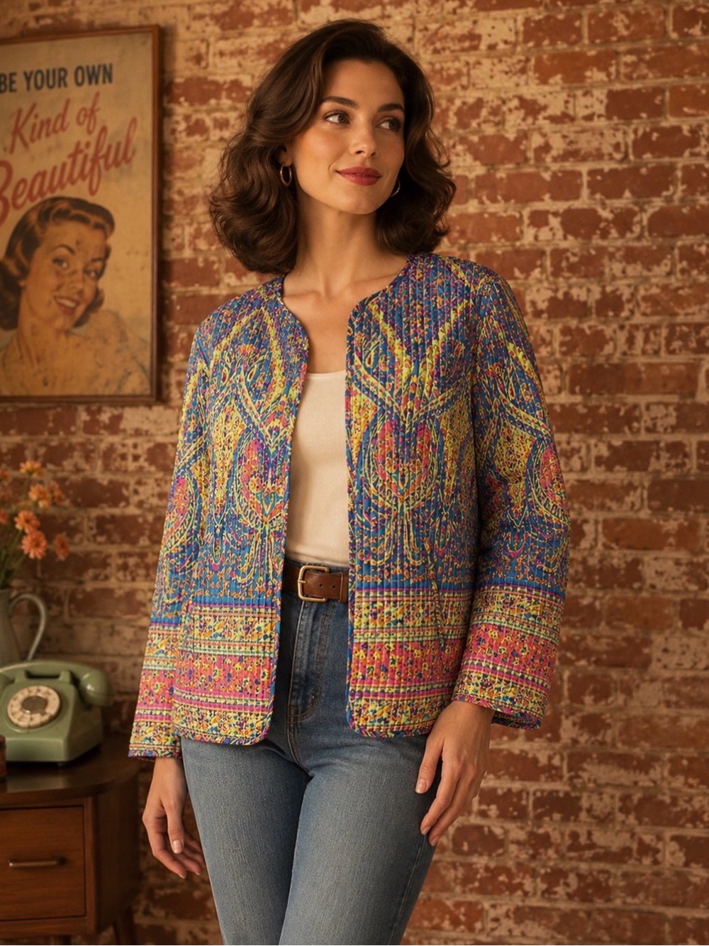 EAC Colorful Quilted Paisley Floral Boho Blazer Jacket